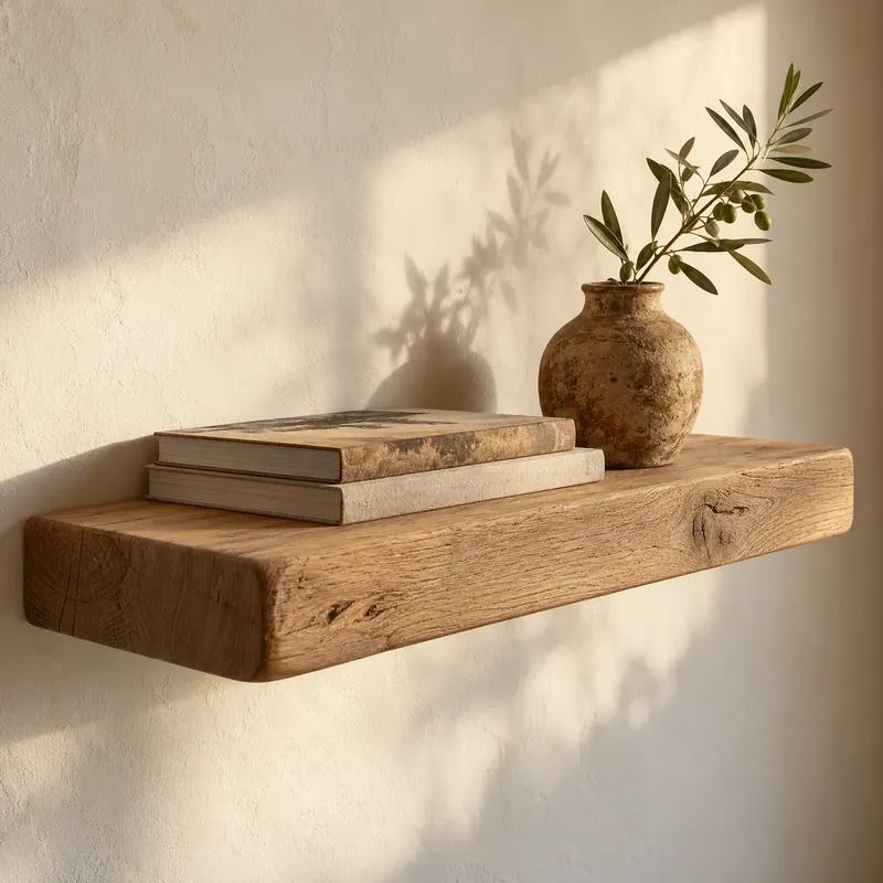 Sfeerbeeld van een houten wandplank met boeken en een vaas